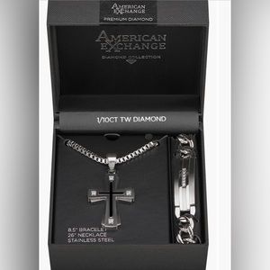 American Exchange | Men’s Stainless Steel Diamond Cross Necklace & Bracelet